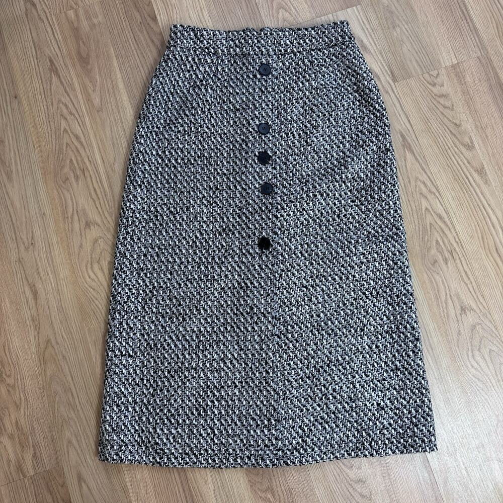 Women’s Tweed Button Down Midi Skirt Black White Small Academia Classic Teacher
